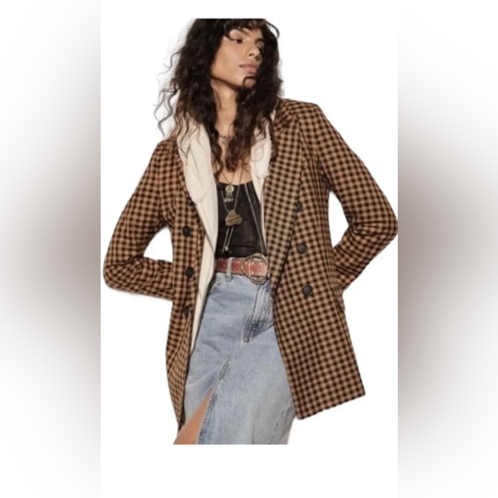 FREE PEOPLE ASHBY VINTAGE INSPIRED PLAID BLAZER IN BROWN NWOT
